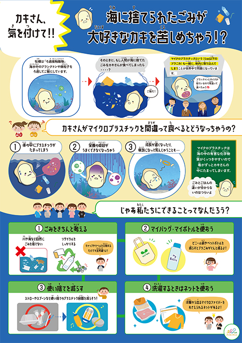 牡蠣と海洋プラスチック問題についてのポスター